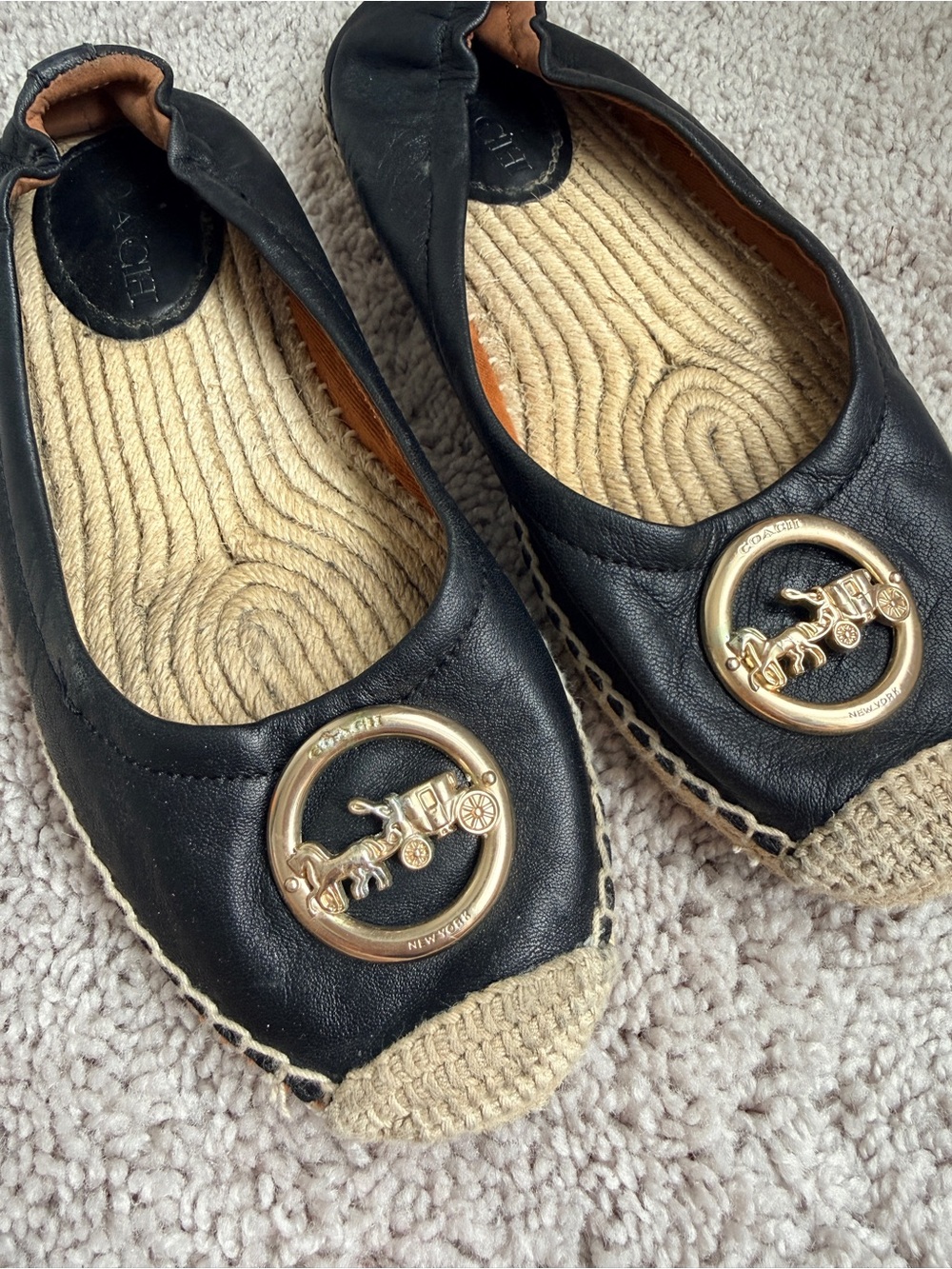 Coach Black Leather Espadrille Flats with Gold Coach Carriage Emblem